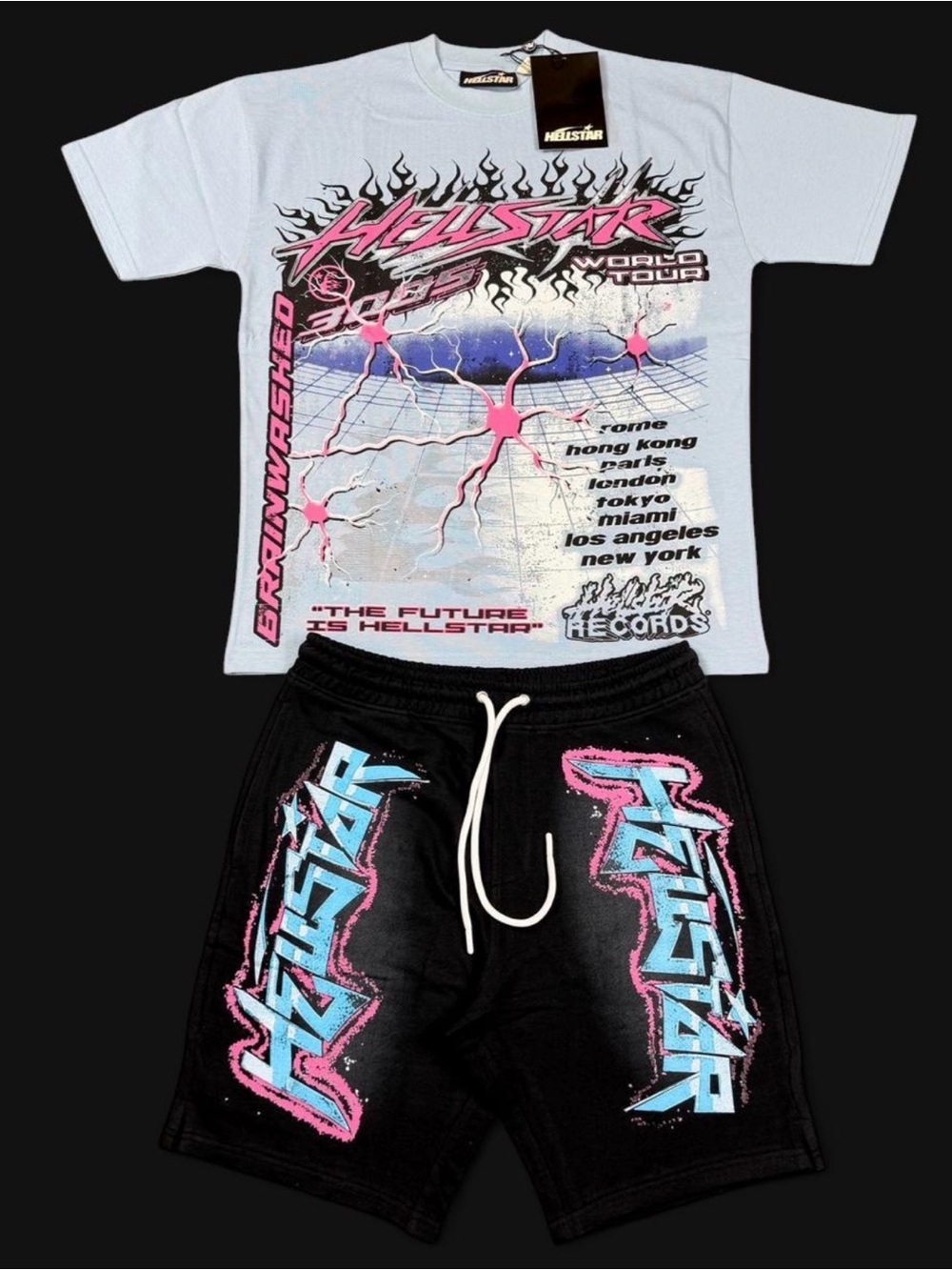 Hellstar Black Athletic Shorts with Pink & Blue Graphic